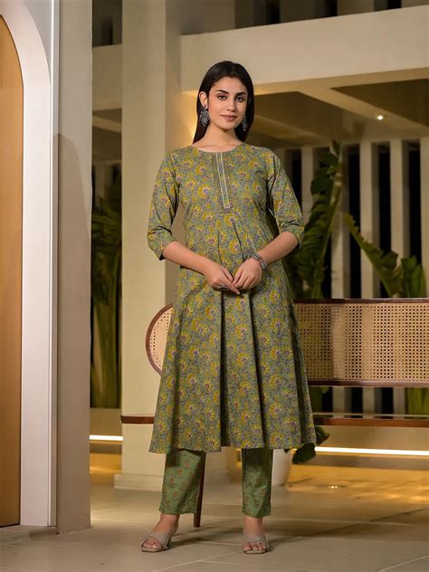 Green Thread Work Cotton Anarkali Style Kurta And Trousers With Dupatt ...