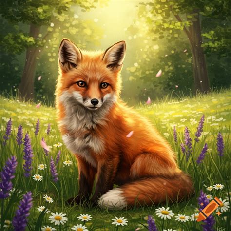 A cute red fox sits in a sunlit field amidst purple lavender and white daisy flowers. on Craiyon