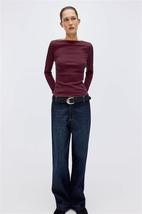 Ribbed boat-neck top - Red/Striped - Ladies | H&M IN
