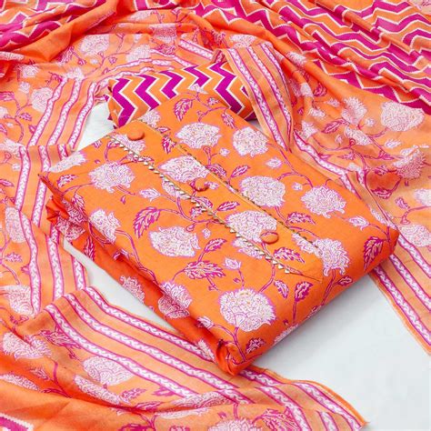 Orange Floral Printed Cotton Blend Dress Material