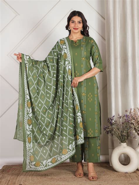 Buy Green Geometric Straight Soft Cotton Kurta Set TP4151T | Aramya
