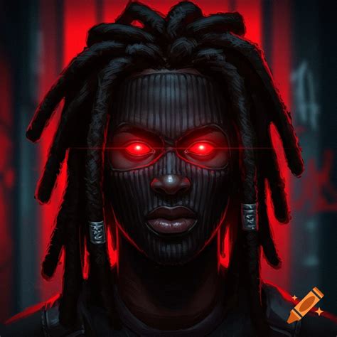A person with dreadlocks and ski mask, glowing red eyes, in a dark, red ...
