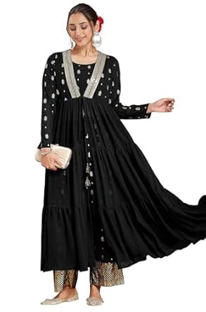 Buy Janasya Women's Black Georgette Embellished Gold Printed Front-open ...