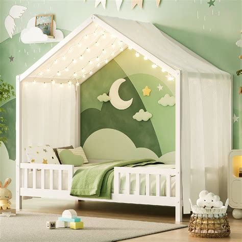 Twin Size Montessori Bed Frame with Canopy, House Shape Wooden Floor ...