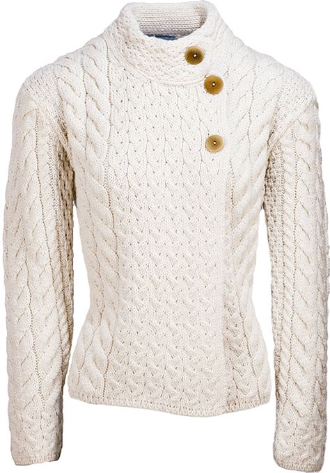 Buy Aran Button Neck Merino Wool Cardigan Women's Irish Asymmetrical ...