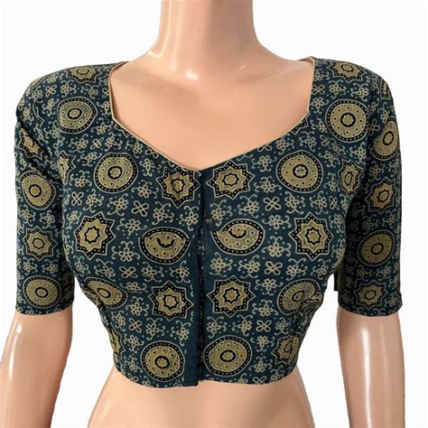 Ajrakh Cotton Sweetheart neck Blouse, Indigo blue, BA1137 – Scarlet Thread