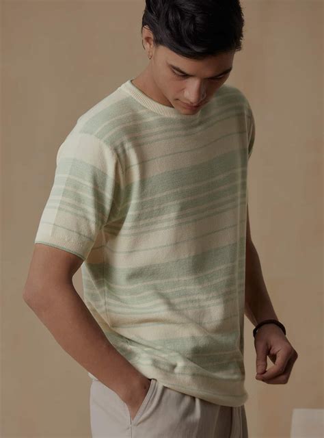 Mint Honeycomb Crew Casual Green Stripe Crew Neck for Men Online | Andamen