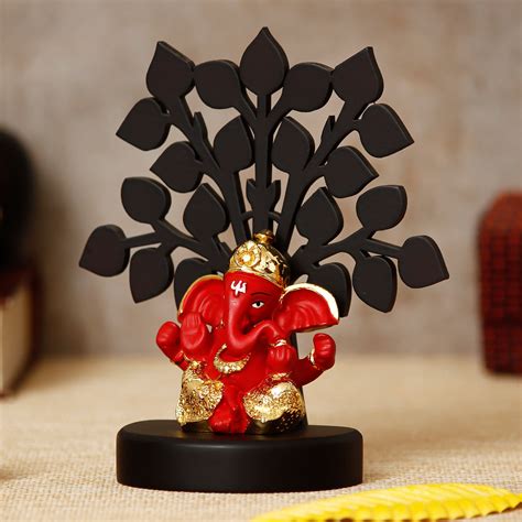 Gold Plated Red Dhoti Ganesha Decorative Showpiece with Wooden Tree for ...