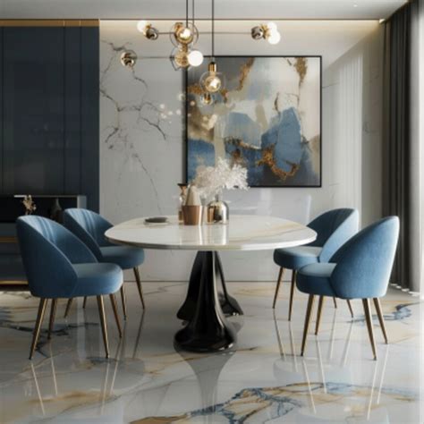 Contemporary 4-Seater White And Dark Blue Dining Room Design With White ...