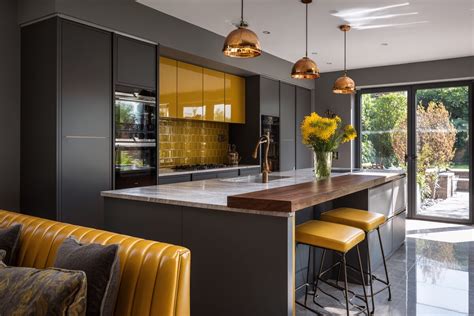 Contemporary Island Kitchen Design with Charcoal Grey and Mustard Gold ...
