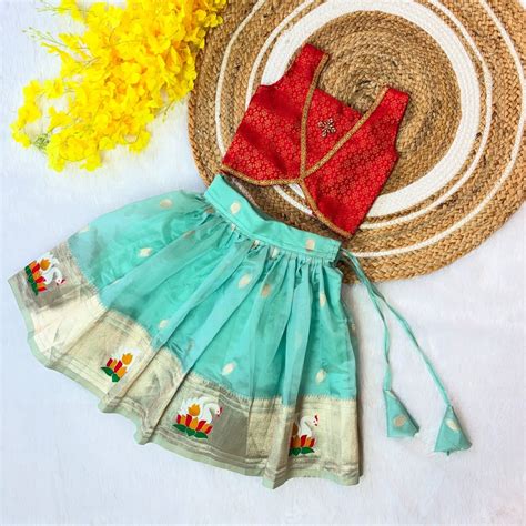 Pastel Blue Soft Organza Skirt with Red Brocade Top – Amutham Fashions