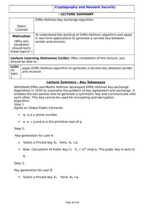 Fermat’s Theorem - , Cryptography and Network Security LECTURE SUMMARY ...