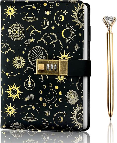 Amazon.com : NightSky Diary with Lock, Gold Foil PU Leather Journal ...