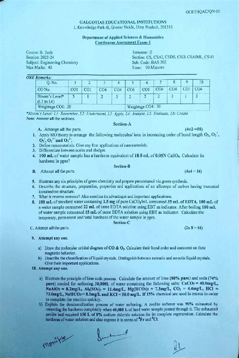 CAE 1 Continuous Assessment Exam - Engineering Chemistry Paper - Studocu