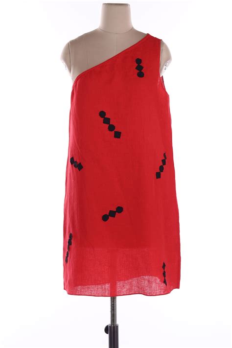 Red Linen One Shoulder Dress With Cut Out Detailing