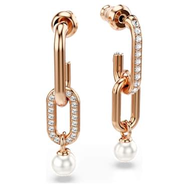 Constella drop earrings, Crystal pearl, Round cut, White, Rose gold ...
