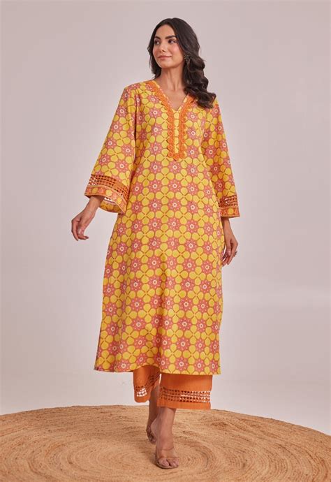 Yellow Geometrical Hand Block Printed Coord Set
