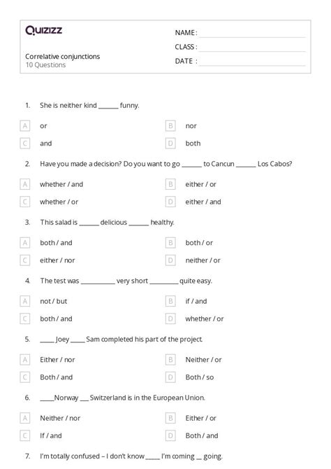 50+ Correlative Conjunctions worksheets for 1st Class on Quizizz | Free ...