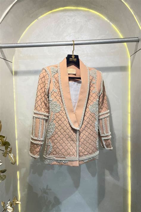 Beige Pearl Embellished Blazer set – LabelSwish