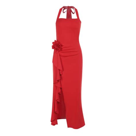 Slit flower applique halter square neck midi dress – Uncut-Trends