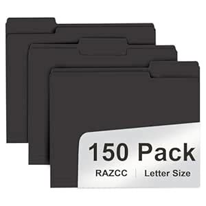 File Folder, RAZCC 150 Pack 1/3 Cut Tab File Folders Letter Size, Black ...
