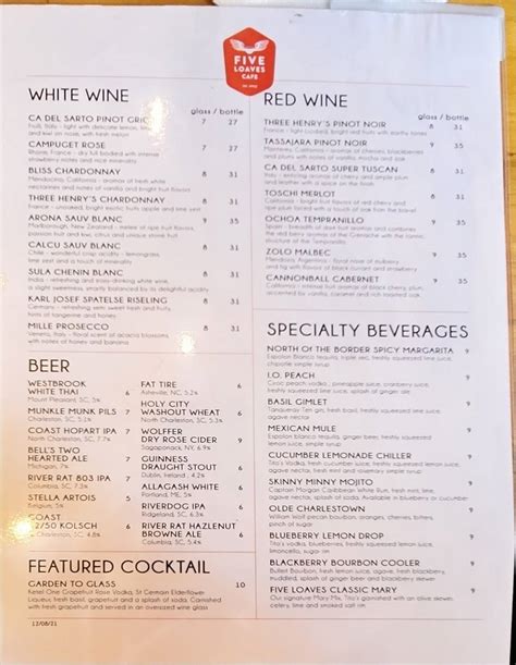 Menu at Five Loaves Cafe, Summerville, 214 N Cedar St