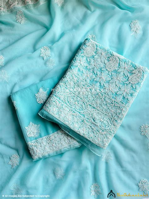 Sky Blue Ishanvi Georgette Chikankari Un-Stitched Suit with Dupatta