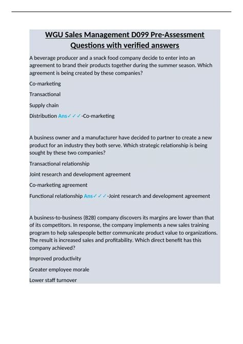 WGU Sales Management D099 Pre-Assessment Questions with verified ...