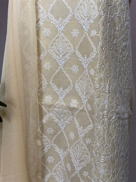 Beige Colour Chikankari Hand Embroidered Cotton Shirt, Bottom and Chif ...