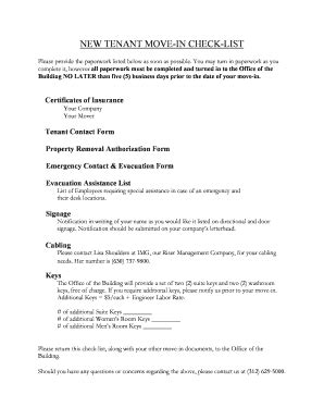 Fillable Online 20northwacker NEW TENANT MOVE-IN CHECK-LIST ...
