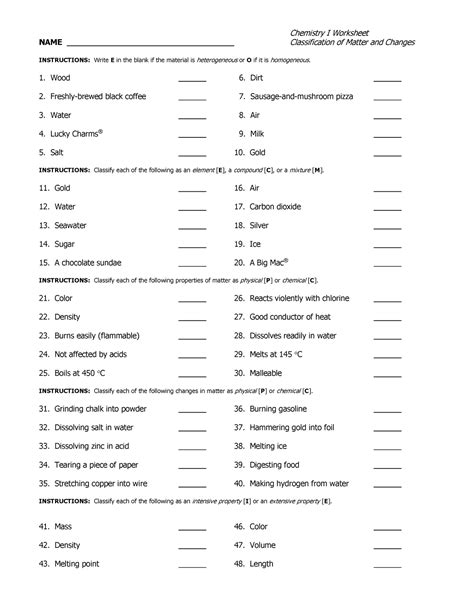 Chemistry I Classification of Matter Worksheet - Chemistry I ...