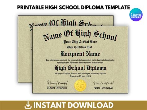 Editable High School Diploma Template, Diploma Replica Template ...