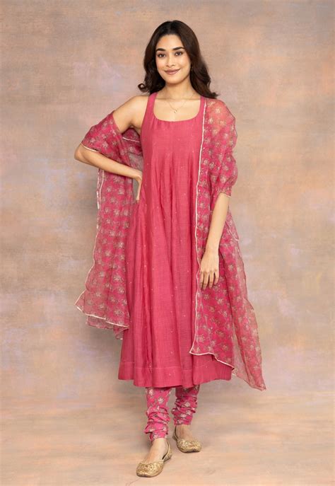 Gul Pink Solid Chanderi Silk Kali Kurta with Mukaish Detailing – THE ...