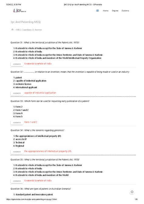 [MCQ's] Ipr And Patenting MCQ - QPkendra - Question 31 : What is the ...