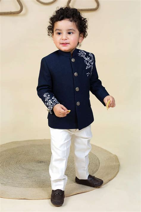 Buy Blue Cotton, Satin Embroidery Placement Bandhgala With Pant For ...