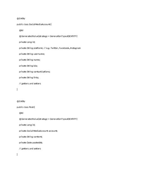 Social Media Backend - @Entity public class SocialMediaAccount { @Id ...