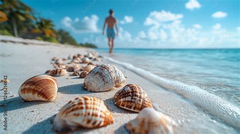 Seashells on tropical beach, man walking, ocean background, vacation ...