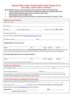 Fillable Online hbs Business Plan Contest: Social Venture Track Expense ...