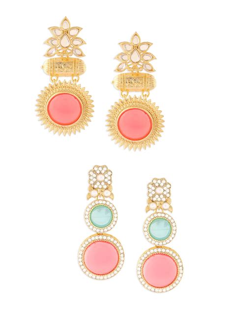 Zaveri Pearls Set of 2 Pink & Turquoise Blue Stones Traditional Dangler ...