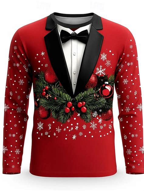 Christmas Men's Christmas Costume Tuxedo T Shirt Long Sleeve T shirt 3D ...