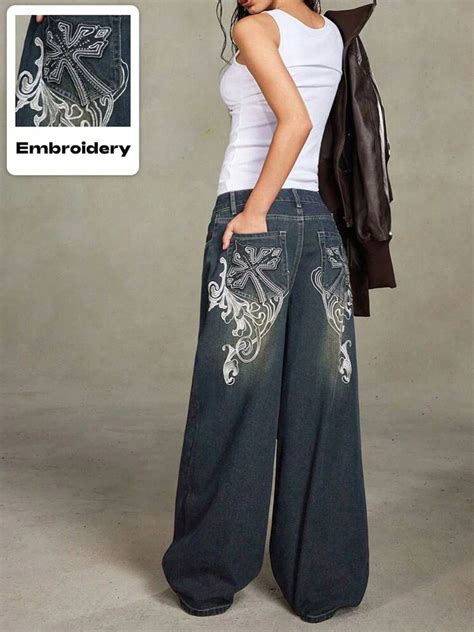 High Waist Vintage Dark Wash Embroidered Wide Leg Jeans | Savana ...