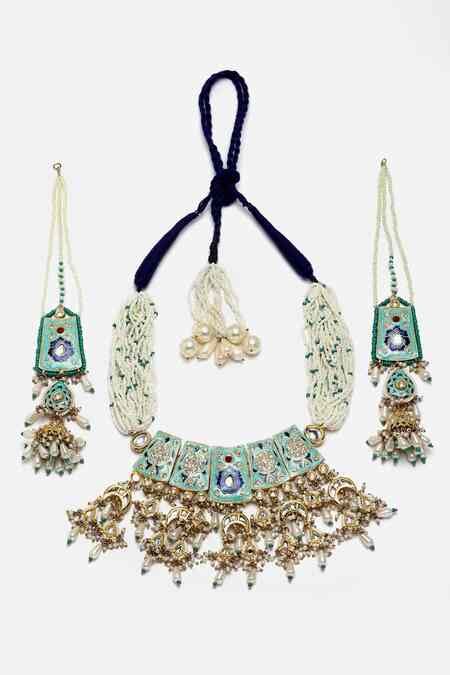 Buy Multi Color Pearls, Diamonds, Stones Meenakari Work Choker Set by ...