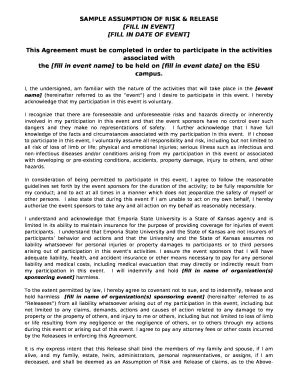 Assumption of Risk & Release - Blank Fillable Template | Fill Out ...
