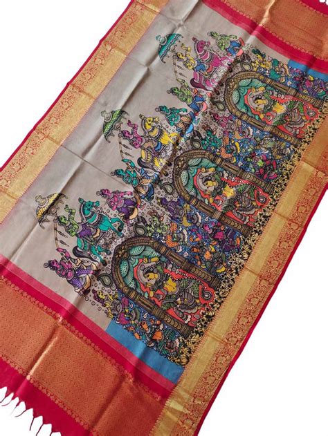 PD1K1KK523040513 Multicolor Pen Kalamkari Pure Silk Dupatta With ...