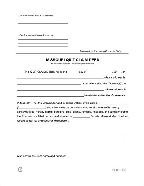 Free Missouri Quit Claim Deed Form | PDF | WORD