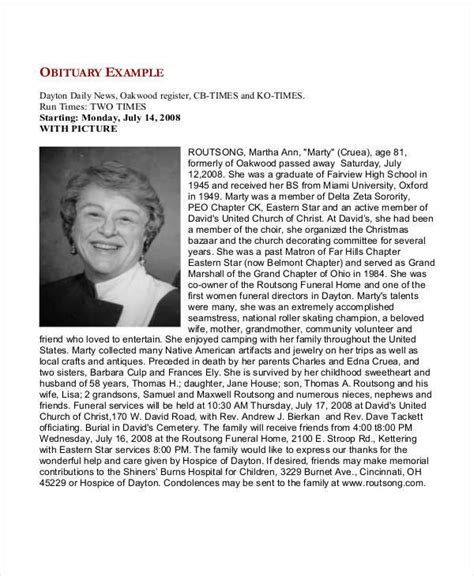 Image result for Sample Obituary