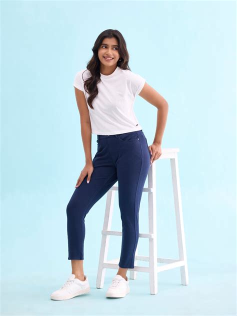 Navy Cotton Poly Stretch Cropped Colored Jeggings – Go Colors India