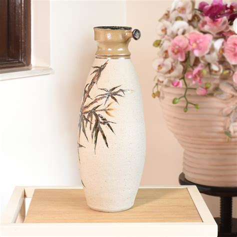 Indianshelf Bamboo Ceramic Cylindrical Flower Vase Handcrafted 8 Inch
