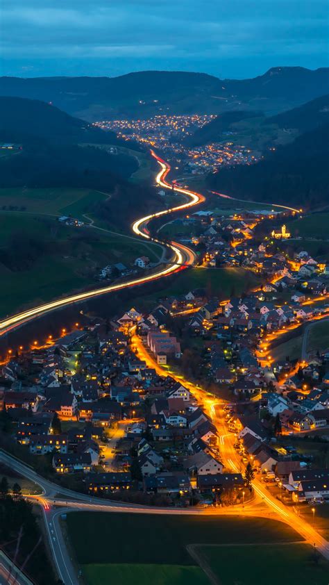 Download wallpaper 1350x2400 village, road, aerial view, night ...