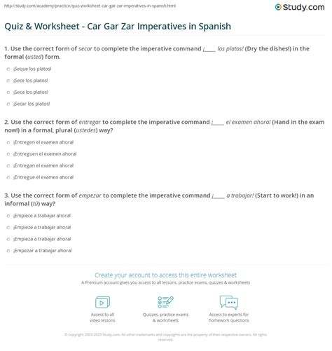 Quiz & Worksheet - Car Gar Zar Imperatives in Spanish | Study.com
